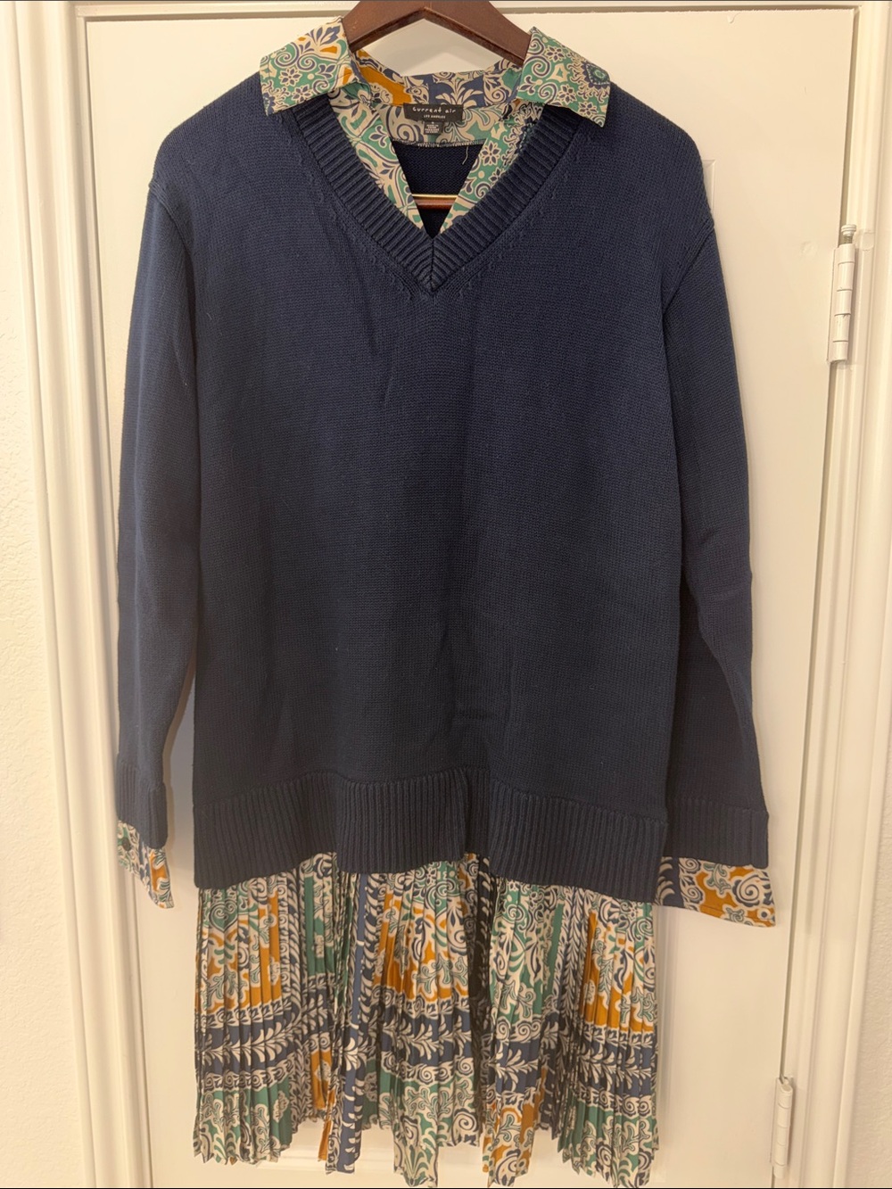 Anthropology Current Air Navy V-Neck Sweater Dress with Patterned Hem and Collar